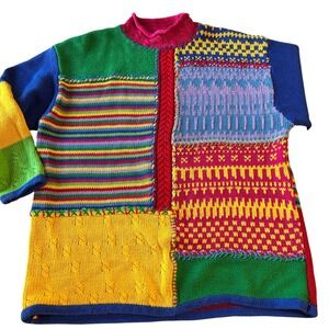 Vintage Handmade‎ Patchwork Knit Sweater Colorful Boho Granny Chunky Pullover